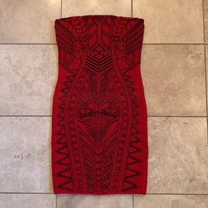 RVN Red Metallic Knit Strapless Dress